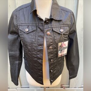 Jou Jou Black Waxed Denim Cropped Jacket Snap Front Women’s Large NEW